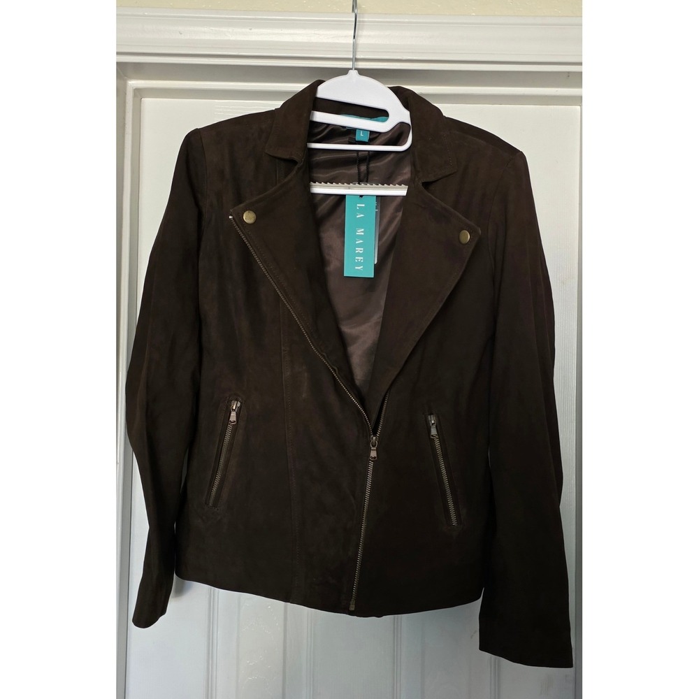 La Marey Brown Genuine Suede Leather Moto Jacket Womens Large NWT